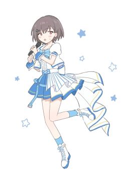 1girl bang_dream! bang_dream!_it&#039;s_mygo!!!!! blue_skirt blue_socks blue_wrist_cuffs blush commentary full_body grey_hair hair_ornament hairclip idol idol_clothes jacket m_(226mmy) open_mouth parallel_hairclips shirt shoes short_hair simple_background skirt socks solo sweatdrop takamatsu_tomori white_background white_jacket white_shirt white_shoes wrist_cuffs
