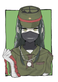Rule 34 | 1girl, androgynous, bandaged arm, bandaged hand, bandages, black hair, border, breast pocket, breasts, brown necktie, chain, chain necklace, commentary request, covered mouth, cropped torso, danganronpa (series), danganronpa v3: killing harmony, expressionless, eyelashes, genderswap, genderswap (mtf), green background, green eyes, green hat, green sailor collar, green shirt, hat, holding, holding rope, jewelry, long hair, looking at viewer, mask, mouth mask, necklace, necktie, outside border, peaked cap, pocket, pocket watch, rope, sailor collar, school uniform, serafuku, shinguji korekiyo, shirt, short sleeves, sidelocks, solo, straight-on, straight hair, tappo (gemori), watch, white border, zipper, zipper pull tab