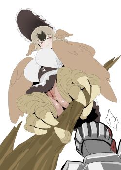 !? 1girl 1other 61206jeff absurdres armor bird_legs black_souls black_souls_2 blush_stickers bonnet branch breasts brown_corset brown_eyes brown_hair brown_wings closed_mouth commentary_request corset dodo_(black_souls) dress from_below full_armor hair_between_eyes harpy head_wings highres impossible_clothes knight light_brown_hair long_hair looking_at_viewer looking_down monster_girl multicolored_hair on_branch pussy simple_background smile talons thighs two-tone_hair uncensored upskirt white_background white_dress winged_arms wings