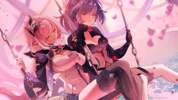 2girls absurdres black_boots black_dress black_gloves black_shorts boots breasts cherry_blossoms cleavage closed_eyes closed_mouth corset detached_sleeves dress elf elysia_(honkai_impact) elysia_(miss_pink_elf)_(honkai_impact) falling_petals gloves hair_ornament high_heel_boots high_heels highres honkai_(series) honkai_impact_3rd large_breasts long_hair long_sleeves mofumanju multiple_girls on_swing petals pink_hair pink_sky pointy_ears ponytail purple_eyes purple_hair raiden_mei raiden_mei_(danzai_spectramancer) raiden_mei_(orochi_cuirass) short_shorts shorts single_glove sitting sky smile swing swing_set thighs warm_colored white_corset yuri