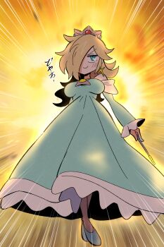 1girl alternate_breast_size_(larger) blonde_hair blue_dress blue_eyes breasts closed_mouth crown dress earrings explosion full_body hair_over_one_eye highres holding holding_wand jewelry kurachi_mizuki large_breasts long_hair long_sleeves looking_at_viewer mario_(series) nintendo rosalina solo star_(symbol) star_earrings the_super_mario_galaxy_movie wand