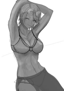 1girl armpits bikini breasts female_focus glasses huge_breasts large_breasts looking_at_viewer panties short_hair smiley_face sunglasses swimsuit the_king_of_fighters thick_thighs thighs underwear vanessa_(kof)