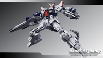 3d absurdres beam_rifle commentary_request earth_federation energy_gun gradient_background gundam gundam_hathaway's_flash highres inviter_oro machinery mecha mobile_suit no_humans odysseus_gundam realistic robot shield signature v-fin weapon