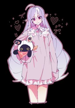 Rule 34 | 1girl, ahoge, black background, commentary, dress, eous (zenless zone zero), highres, long hair, looking at viewer, mole, mole under eye, multicolored hair, nightgown, pointy ears, purple dress, purple hair, red eyes, smyecc, solo, streaked hair, untranslatable commentary, very long hair, vivian banshee, yandere, zenless zone zero