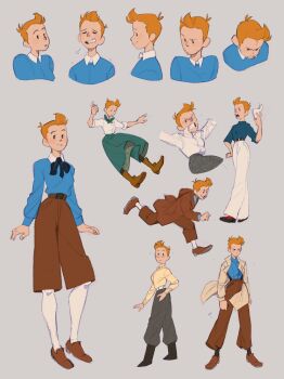 1girl adapted_costume alternate_costume antenna_hair arm_up bell-bottoms belt black_belt black_boots black_neckerchief blue_shirt blush boots breasts brown_belt brown_coat brown_pants brown_shoes brown_shorts clenched_teeth closed_eyes closed_mouth coat collar commentary elvira_axen english_commentary falling_petals floating_clothes from_side genderswap genderswap_(mtf) green_neckerchief green_skirt grey_background grey_pants grimace hand_on_own_hip highres holding holding_paper long_skirt long_sleeves looking_down medium_breasts multiple_views neckerchief open_mouth orange_hair pants paper parted_lips petals plaid_clothes plaid_skirt pompadour puff_of_air raised_eyebrow raised_inner_eyebrows red_shoes running shirt shoes short_hair short_sleeves shorts shouting simple_background skirt smile teeth tintin tintin_(character) v-shaped_eyebrows white_belt white_collar white_pants white_shirt yellow_shirt