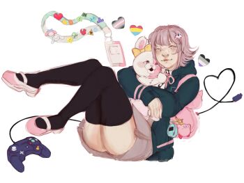 among_us asexual_flag cable charm_(object) cinnamoroll clyde_(pac-man) commentary controller creeper danganronpa_(series) danganronpa_2:_goodbye_despair demigirl_flag english_commentary game_controller heart highres kirby kirby_(series) lanyard mario_(series) minecraft monomi_(danganronpa) my_melody nanami_chiaki nintendo pac-man pansexual_flag pin procreate_(medium) red_(among_us) sanrio skeletonnerdy space_invaders super_mushroom super_star_(mario) tamagotchi tamagotchi_(virtual_pet) tetris the_legend_of_zelda triforce virtual_pet_(toy) white_background