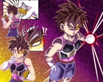 Rule 34 | anger vein, bag of chips, black hair, commentary, commission, commissioner upload, cricket, dragon ball, dragon ball xenoverse, eating bugs, energy ball, english commentary, english text, gradient background, hand on own hip, highres, monkey tail, original, paolos4658, saiyan, saiyan armor, scar, scar on face, scouter, shorts, spiked hair, tail, yellow eyes