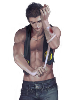 Rule 34 | 1boy, bandaged arm, bandages, black hair, blood, bloody bandages, commentary request, denim, jeans, jewelry, kdash, male focus, male underwear, male underwear peek, navel, necklace, pants, sengoku basara, simple background, solo, tokugawa ieyasu (sengoku basara), toned, toned male, topless male, towel, towel around neck, underwear, white background