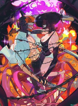 1boy 1girl absurdres alternate_form apron black_apron bomb bomb_devil_(chainsaw_man) chainsaw chainsaw_man collared_shirt denji_(chainsaw_man) dynamite elbow_gloves explosion explosion_background explosive gloves highres no_undershirt object_head polluxery pull_cord reze_(chainsaw_man) sharp_teeth shirt teeth transformation white_shirt