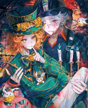 2boys :3 absurdres aqua_bow aqua_hat aqua_jacket black_hat black_shirt blood blood_on_clothes blood_on_face bow bridge_piercing candle carrying curly_hair face_piercing fang fangs finger_to_mouth flower gold_trim golden_rose grey_hair halloween hat hat_flower highres identity_v jacket male_focus medium_hair mike_morton mike_morton_(tea_party) mismatched_pupils multiple_boys norton_campbell norton_campbell_(wanderer) official_alternate_costume one_eye_closed orange_hair pants piercing princess_carry pumpkin_ornament red_eyes rose scar scar_across_eye scar_on_face shirt shushing skin_fang star-shaped_pupils star_(symbol) symbol-shaped_pupils top_hat vampire white_pants xiaomianduoshao yaoi yellow_eyes yellow_flower yellow_rose
