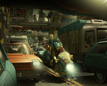 blue_hair car city cyberpunk highres junk_boy motor_vehicle motorcycle original traffic_jam train truck
