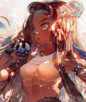 1girl black_hair blue_eyes blue_hair commentary crop_top cropped dark-skinned_female dark_skin earrings hair_bun hoop_earrings jewelry kawacy long_hair looking_at_viewer makeup multicolored_hair nessa_(pokemon) nintendo pokemon pokemon_swsh single_hair_bun solo two-tone_hair water