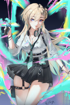 1girl absurdres black_skirt blonde_hair braid braided_bangs breasts cleavage collarbone commentary earrings flag888 hair_between_eyes hair_ornament headphones headphones_around_neck highres holding holding_spray_can id_card jewelry long_hair looking_at_viewer lynae_(wuthering_waves) medium_breasts necklace open_mouth purple_eyes revision shirt skirt skull_hair_ornament smile solo spray_can star_(symbol) star_earrings thighs white_shirt wuthering_waves