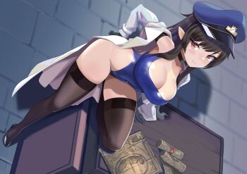 1girl absurdres arms_behind_back black_choker black_footwear black_hair black_thighhighs blue_leotard breasts choker cleavage closed_mouth coat commentary_request commission dot_nose dutch_angle full_body hand_on_own_hip hat high_heels highleg highleg_leotard highres indoors knee_up large_breasts leaning leotard long_hair looking_at_viewer map multicolored_eyes off_shoulder original pointy_ears police_hat red_eyes scvready shadow smile solo standing standing_on_one_leg thighhighs thighs v-shaped_eyebrows white_coat