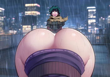 1boy 1girl ai-assisted aroused_nosebleed ass belt blood blush boku_no_hero_academia building dress green_hair highres lady_nagant merrytail midoriya_izuku no_panties nosebleed open_mouth outdoors purple_dress rain scarf shirt short_hair spiked_hair top-down_bottom-up torn_clothes torn_sleeves wet