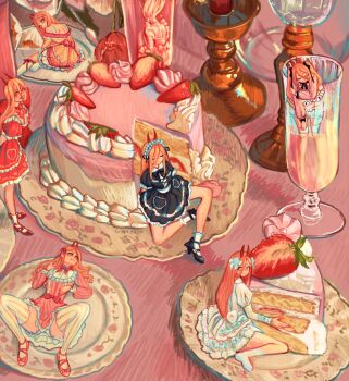 blonde_hair cake chainsaw_man cross-shaped_pupils demon_horns dessert dress food frilled_dress frills ginka_jack gothic_lolita hair_between_eyes hair_ribbon highres horns lolita_fashion long_hair looking_back multiple_girls power_(chainsaw_man) red_horns ribbon ringed_eyes sharp_teeth signature sitting standing sweet_lolita symbol-shaped_pupils teeth thighhighs