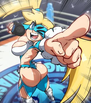 1girl ass blonde_hair blue_eyes breasts cleavage jellot large_breasts leotard mask microphone one_eye_closed rainbow_mika street_fighter teeth thong_leotard twintails wink wrestling_outfit wrestling_ring