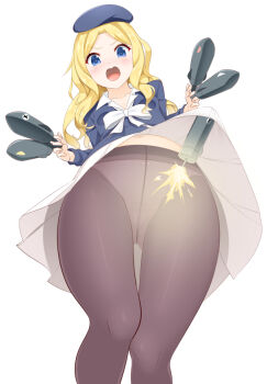 1girl accidental_exposure beret blonde_hair blue_eyes blue_hat blue_shirt blush bow bow_panties breasts brown_pantyhose clothes_lift collarbone collared_shirt commentary embarrassed explosive frenda_seivelun from_below gluteal_fold hat holding_missile holding_rocket long_hair long_sidelocks long_sleeves looking_at_viewer miniskirt missile navel open_mouth panties panties_under_pantyhose pantyhose pantyshot pleated_skirt rocket see-through_pantyhose shirt sidelocks simple_background skirt skirt_lift small_breasts solo sparks standing stomach symbol-only_commentary thigh_gap thighs toaru_kagaku_no_railgun toaru_kagaku_no_railgun_s toaru_majutsu_no_index tongue underwear v-neck v-shaped_eyebrows wavy_hair white_background white_bow white_panties white_skirt yasuto_(eria151)