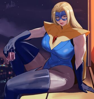 1boy 1girl blonde_blazer blonde_hair blue_eyes blue_gloves blue_mask blush bodysuit breasts cape cup dispatch domino_mask eye_mask glass gloves highres holding holding_cup lips long_hair mask mugi_(mugit49) sitting smile superhero_costume yellow_cape