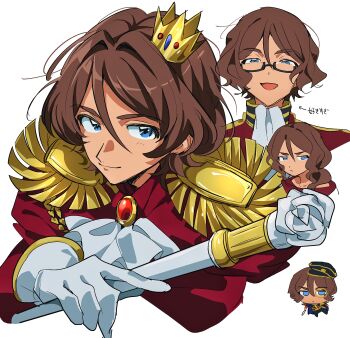 1boy absurdres arrow_(symbol) ascot blue_eyes brooch brown_hair chibi closed_mouth crown epaulettes flower glasses gloves grgrton hair_between_eyes highres holding holding_scepter jacket jewelry juliet_sleeves king_of_prism long_hair long_sleeves looking_at_viewer male_focus multiple_views norizuki_jin open_mouth pretty_rhythm pretty_series puffy_sleeves red_jacket rose scepter short_hair simple_background smile translation_request upper_body white_ascot white_background white_flower white_gloves white_rose