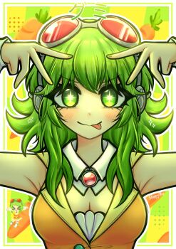 +_+ 1girl :p armpit_peek artist_name border breasts carrot chibi chibi_inset cleavage closed_mouth commentary detached_collar double_v english_commentary goggles goggles_on_head green_eyes gumi headphones highres jacket large_breasts looking_at_viewer m@gical_cure!_love_shot!_(vocaloid) meme miku_miku_beaaaam!!_(meme) orange_jacket outline red-tinted_eyewear short_hair_with_long_locks signature sloppyriice smile straight-on tinted_eyewear tongue tongue_out v vocaloid white-framed_eyewear white_border white_outline