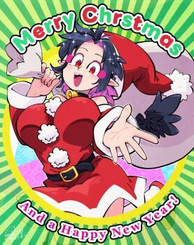 1girl bare_shoulders bird_wings black_hair black_wings blush breasts carte christmas commentary_request dress fur-trimmed_dress fur-trimmed_headwear fur_trim hat holding holding_sack large_breasts looking_at_viewer merry_christmas open_mouth pointy_ears pom_pom_(clothes) red_dress red_eyes red_hat sack santa_costume santa_dress santa_hat shameimaru_aya short_hair solo tengu touhou wings