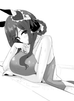 1girl absurdres animal_ears bare_shoulders braid braided_hair_rings breasts closed_mouth collarbone commentary_request ear_covers ear_ornament gentildonna_(umamusume) greyscale gryebooks hair_between_eyes hair_ornament hair_rings heart-shaped_ornament heart_ear_ornament highres horse_ears horse_girl horse_tail large_breasts long_hair looking_at_viewer monochrome one-piece_swimsuit red_eyes simple_background solo swimsuit tail umamusume wet