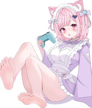 1girl :o absurdres ahoge animal_ears apron bandaid bandaid_hair_ornament barefoot blush bow breasts cat_ears cat_girl controller dress extra_ears feet frilled_apron frills game_controller ghost_hair_ornament gugu0v0 hair_ornament heart heart_hair_ornament highres holding holding_controller holding_game_controller indie_virtual_youtuber large_breasts long_sleeves looking_at_viewer maid maid_apron maid_headdress medium_hair open_mouth panties paw_print pink_eyes pink_hair pink_panties pink_ribbon purple_bow purple_dress ribbon simple_background soles solo striped_clothes striped_panties thighs toes underwear virtual_youtuber white_apron white_background yuuki_sakuna yuuki_sakuna_(2nd_costume)