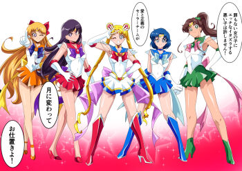 5girls ;) ;d aino_minako arm_up back_bow bishoujo_senshi_sailor_moon blonde_hair blue_bow blue_choker blue_footwear blue_hair blue_sailor_collar blue_skirt boots bow brooch brown_hair choker circlet closed_mouth commentary_request covered_navel double_bun elbow_gloves gloves green_choker green_footwear green_sailor_collar green_skirt hair_bobbles hair_bow hair_bun hair_ornament hand_on_own_hip happy heart heart_brooch heart_choker high_heel_boots high_heels high_ponytail hino_rei index_finger_raised inner_senshi jewelry kino_makoto leotard long_hair looking_at_viewer magical_girl miniskirt mizuno_ami multicolored_skirt multiple_girls one_eye_closed open_mouth orange_choker orange_sailor_collar orange_shoes orange_skirt parted_bangs pink_bow pleated_skirt pointing pointing_at_viewer ponytail purple_bow red_bow red_choker red_footwear red_skirt sailor_collar sailor_jupiter sailor_mars sailor_mercury sailor_moon sailor_senshi_uniform sailor_venus shoes short_hair skirt smile speech_bubble standing star_(symbol) star_symbol_background super_sailor_jupiter super_sailor_mars super_sailor_mercury super_sailor_moon super_sailor_venus translation_request tsukino_usagi twintails v very_long_hair warabimochi warabimochii white_gloves white_leotard yellow_choker