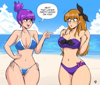 2girls ayane_(doa) bare_shoulders beach bikini blue_sky blush brown_eyes brown_hair cloud cosplay costume_switch dead_or_alive dead_or_alive_xtreme embarrassed english_text high_ponytail highres kasumi_(doa) long_hair multiple_girls paddy_g_(terrybrogard) ponytail purple_hair sand short_hair siblings sisters sky speech_bubble swimsuit water
