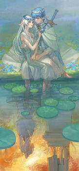 Rule 34 | 1boy, 1girl, :d, absurdres, alternate costume, alternate hair length, alternate hairstyle, alternate species, artist name, bare shoulders, blue flower, blue hair, branch, capelet, chinese commentary, cloak, closed mouth, commentary request, couple, covered eyes, cowboy shot, day, dress, dusk, earrings, elf, feet out of frame, field, floating earrings, flower, flower field, flower ring, food, foot out of frame, frieren, fruit, grass, green eyes, hair down, hair tubes, hand on another's arm, head wreath, hetero, highres, himmel (sousou no frieren), holding, holding branch, holding hands, jewelry, lake, lily pad, long hair, long sleeves, looking at another, looking at object, low ponytail, mole, mole under eye, multiple views, nemophila (flower), on ground, open mouth, parted bangs, pointy ears, ponytail, profile, reflected worlds, reflection, reflective liquid, robe, short eyebrows, single hair tube, sitting, sitting on lap, sitting on person, sleeveless, sleeveless dress, smile, soaking feet, sousou no frieren, standing, statue, sword, sword on back, teardrop earrings, tree, twintails, weapon, weapon on back, white capelet, white cloak, white dress, white flower, white hair, white robe, zongsi600