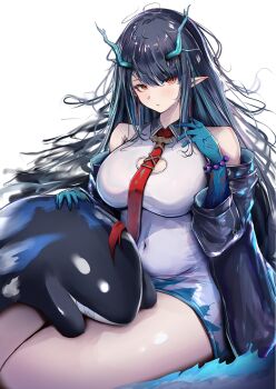 1girl absurdres arknights bare_shoulders bead_bracelet beads bird black_coat black_hair bracelet breasts closed_mouth coat covered_navel curvy dove dragon_girl dragon_horns dusk_(arknights) eastern_dragon_horns eyeshadow green_hair green_horns highres horns jewelry large_breasts long_hair looking_at_viewer makeup multicolored_hair necktie off_shoulder open_clothes open_coat orange_eyes pointy_ears poni_(poni_arknights) red_eyeshadow red_necktie solo streaked_hair two-tone_hair