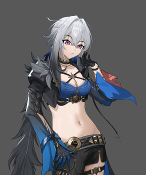 1girl absurdres bandeau black_gloves black_jacket black_pantyhose black_shorts blue_bandeau blue_hair blue_hands breasts chinese_commentary cleavage closed_mouth collarbone commentary cowboy_shot criss-cross_straps cropped_jacket crossed_bangs galbrena_(wuthering_waves) gloves gold_choker grey_background grey_hair groin hair_between_eyes hair_intakes hand_up hejiaqi highres jacket medium_breasts medium_hair midriff multicolored_hair navel pantyhose purple_eyes short_shorts shorts sidelocks simple_background single_glove single_leg_pantyhose single_wing sleeves_past_fingers sleeves_past_wrists solo standing very_long_fingernails wings wuthering_waves