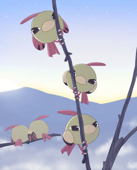 absurdres animal_focus beak bird commentary_request gen_2_pokemon highres itrneu_eaka natu nintendo no_humans outdoors pokemon pokemon_(creature) pokemon_focus sky sunrise talons tree wings