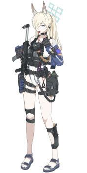 1girl absurdres animal_collar animal_ear_fluff animal_ears black_gloves blonde_hair blue_archive blue_eyes blue_halo blue_jacket blue_sandals chest_rig collar commentary_request dog_ears dog_girl earpiece extra_ears gloves gun h&amp;k_mp7 hair_over_one_eye halo highleg highleg_one-piece_swimsuit highres holding holding_gun holding_weapon jacket kanna_(blue_archive) kanna_(swimsuit)_(blue_archive) korean_commentary kral_(auux4442) leg_holster long_hair mixed-language_commentary official_alternate_costume official_alternate_hairstyle one-piece_swimsuit open_clothes open_jacket ponytail sandals sharp_teeth sidelocks solo submachine_gun swimsuit teeth textless_version weapon whistle white_one-piece_swimsuit