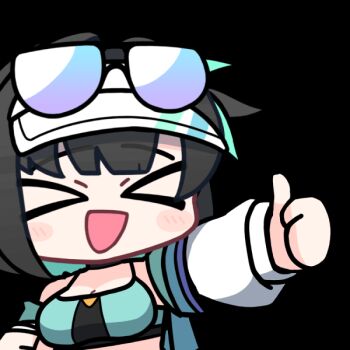 &gt;_&lt; 1girl :d acomu414 animated animated_gif bare_shoulders black-framed_eyewear black_hair black_survival blue_hair blush_stickers breasts chibi cleavage closed_eyes debi_(black_survival) eternal_return:_black_survival eyewear_on_head facing_viewer jacket medium_breasts multicolored_hair off_shoulder open_clothes open_jacket open_mouth outstretched_arm simple_background smile solo sparkle sunglasses thumbs_up transparent_background two-tone_hair upper_body visor_cap white_jacket xd