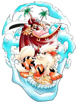 Rule 34 | 1boy, absurdres, arcanine, black hair, coat, commentary, dwalkn, facial hair, fangs, gen 1 pokemon, gol d. roger, hat, highres, holding, holding sword, holding weapon, mustache, nintendo, one piece, palm tree, pink shirt, pirate hat, pokemon, pokemon (creature), red coat, shirt, smile, sword, tree, weapon