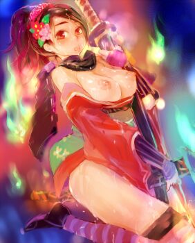 1girl :p armor black_hair blush breasts breasts_out cum female_focus flower hair_ornament highres japanese_armor japanese_clothes kimono large_breasts momohime nipples oboro_muramasa red_eyes short_kimono shoulder_armor sode solo striped_clothes striped_thighhighs sword thighhighs tongue tongue_out uniskie_saabunrou weapon