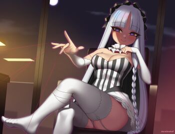 1girl bare_shoulders black_bow black_hair blush bow braid breasts cleavage collar colored_inner_hair commentary_request commission crossed_legs detached_sleeves dress fate/strange_fake fate_(series) francesca_prelati_(fate) frilled_collar frills grey_eyes grey_hair hair_bow kuroonehalf long_hair looking_at_viewer medium_breasts multicolored_hair outstretched_arms panties parted_bangs purple_eyes ringed_eyes sitting smile solo striped_clothes striped_dress thighhighs thighs thread underwear very_long_hair white_dress white_panties white_thighhighs