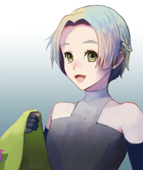 1girl aqua_hair braid commentary_request gnosia gradient_hair green_eyes green_hair hare503 jacket looking_at_viewer multicolored_hair open_mouth shirt short_hair simple_background tagme upper_body yuri_(gnosia)