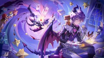 1boy animal_ears aqua_cloak black_boots black_cloak black_shirt blue_background blue_eyes blue_hair blue_sky book boots cat_ears character_doll chinese_commentary cloak commentary_request curtains doll doll_on_shoulder dragon_boy dragon_horns dragon_tail dragon_wings feathers frown full_body genshin_impact gloves heart highres horns knee_boots looking_down mandarin_collar manyu_chapaofan mini_durin_(dragon)_(genshin_impact) mini_durin_(genshin_impact) mini_durin_(human)_(genshin_impact) multiple_views night night_sky open_book pants pink_background pink_eyes pinwheel purple_background purple_hair purple_vest scaramouche_(genshin_impact) shirt shooting_star short_hair sitting sky spiral spoken_heart star_(symbol) tail toy_train vest wanderer_(genshin_impact) white_gloves white_pants window wings