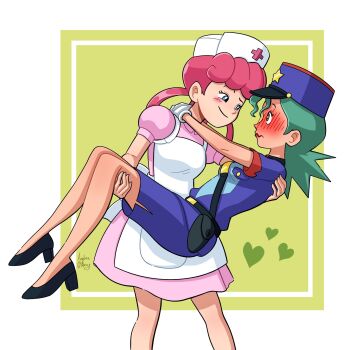 2girls andreadarcyart blue_eyes blush carrying carrying_person gloves green_hair hat highres jenny_(pokemon) joy_(pokemon) multiple_girls nintendo nurse nurse_cap pink_hair pokemon pokemon_(anime) police police_uniform policewoman princess_carry purple_hat purple_shirt purple_skirt shirt skirt smile