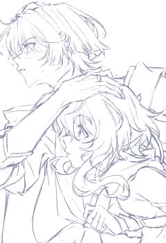 Rule 34 | 1boy, 1girl, armpit crease, blunt ends, cape, clenched hand, dintoge, dress, eyelashes, from side, genshin impact, greyscale, hand on another's head, highres, japanese clothes, kimono, lumine (genshin impact), middle ring, monochrome, parted lips, profile, scaramouche (genshin impact), scarf, short hair, short hair with long locks, short sleeves, sidelocks, single bare shoulder, sketch, sweatdrop, tareme, vambraces, wanderer (genshin impact), white background, wide-eyed, wispy bangs