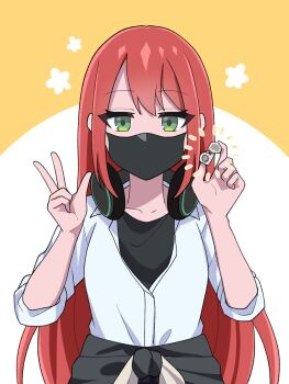 Rule 34 | 1girl, anime coloring, artist request, black mask, black shirt, clothes around waist, commentary request, dragon musume ni naritakunai!, duel masters, green eyes, harusaki eiku, headphones, headphones around neck, highres, holding, jacket, jacket around waist, long hair, official art, red hair, shirt, shirt under shirt, solo, upper body, v, white shirt