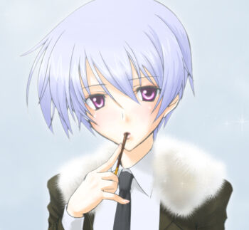 1girl black_necktie blue_hair blush chaos;head coat collared_shirt commentary_request dress_shirt food food_in_mouth fur-trimmed_coat fur_trim green_coat hair_between_eyes holding holding_food holding_pocky kishimoto_ayase long_sleeves looking_at_viewer necktie pocky pocky_in_mouth purple_eyes robber-krzk science_adventure shirt short_hair solo upper_body