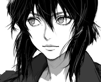 1girl closed_mouth ghost_in_the_shell greyscale hair_between_eyes inoitoh kusanagi_motoko lips looking_to_the_side medium_hair monochrome portrait sideways_glance simple_background sketch solo