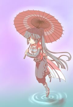 Rule 34 | 10s, 1girl, akatsuki (log horizon), armor, bag, baggy pants, blue eyes, blue hair, high boots, holding, holding umbrella, log horizon, long hair, looking at viewer, nitsu makura, pants, parasol, pauldrons, ponytail, short sword, shoulder armor, skipping, smile, sword, umbrella, walking, walking on liquid, water, waves, weapon