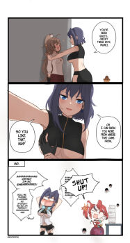 Rule 34 | 2girls, anger vein, angry, animal ears, anyacchi, black hair, blue eyes, blue hair, blush, breasts, brown hair, bubba (watson amelia), charisma break, english text, grabbing another's breast, groping, guided breast grab, guiding hand, hair intakes, hair ornament, hakos baelz, hakos baelz (1st costume), highres, hololive, hololive english, kabedon, long hair, mouse ears, mouse girl, mouse tail, multicolored hair, multiple girls, nanashi mumei, nanashi mumei (1st costume), ouro kronii, ouro kronii (1st costume), red hair, short hair, smile, streaked hair, tail, twintails, virtual youtuber, white hair, yagoo, yuri