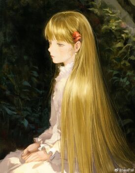 Rule 34 | 1girl, absurdres, blonde hair, blue eyes, closed mouth, commentary, dress, earrings, expressionless, flower, frilled sleeves, frills, from side, hair flower, hair ornament, highres, jewelry, long hair, long sleeves, looking ahead, original, outdoors, plant, seapall, sitting, solo, very long hair, watermark, weibo watermark, white dress