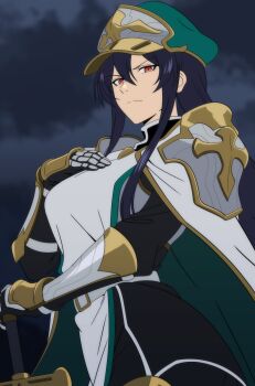 Rule 34 | 1girl, armor, black hair, black shirt, breast suppress, breasts, cape, closed mouth, commentary request, cowboy shot, frown, green cape, grey armor, hand on hilt, hat, highres, kivia patausche, long hair, long sidelocks, looking at viewer, makiri akira, medium breasts, military hat, military uniform, paid reward available, pauldrons, red eyes, shirt, shoulder armor, sidelocks, solo, tabard, two-sided cape, two-sided fabric, white cape, white tabard, yuushakei ni shosu